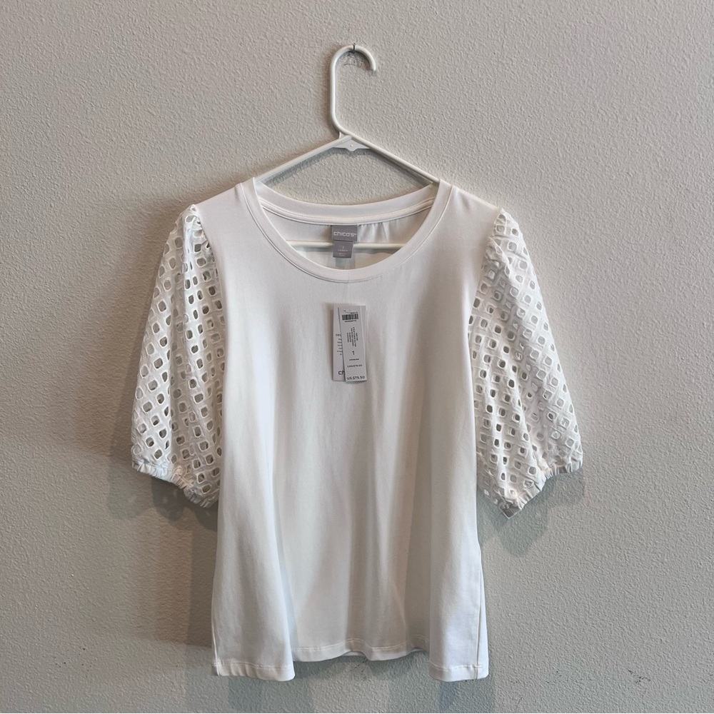 Chicos White Eyelet Sleeve Top Size 1 Medium NWT